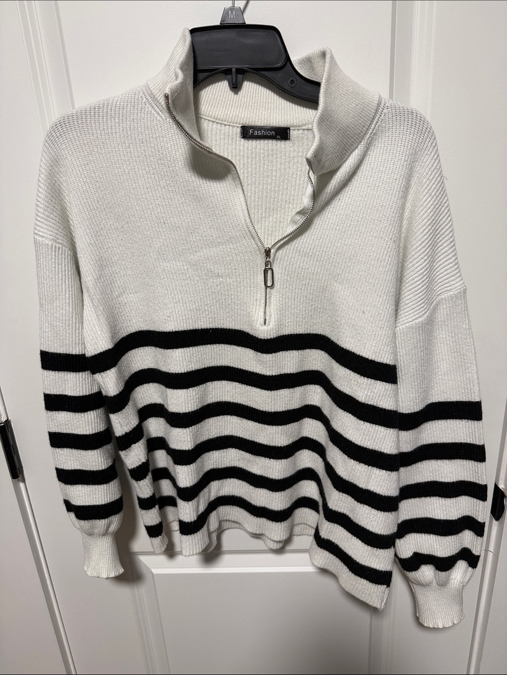 Fashion Brand Company White and Black Striped Half-Zip Sweater